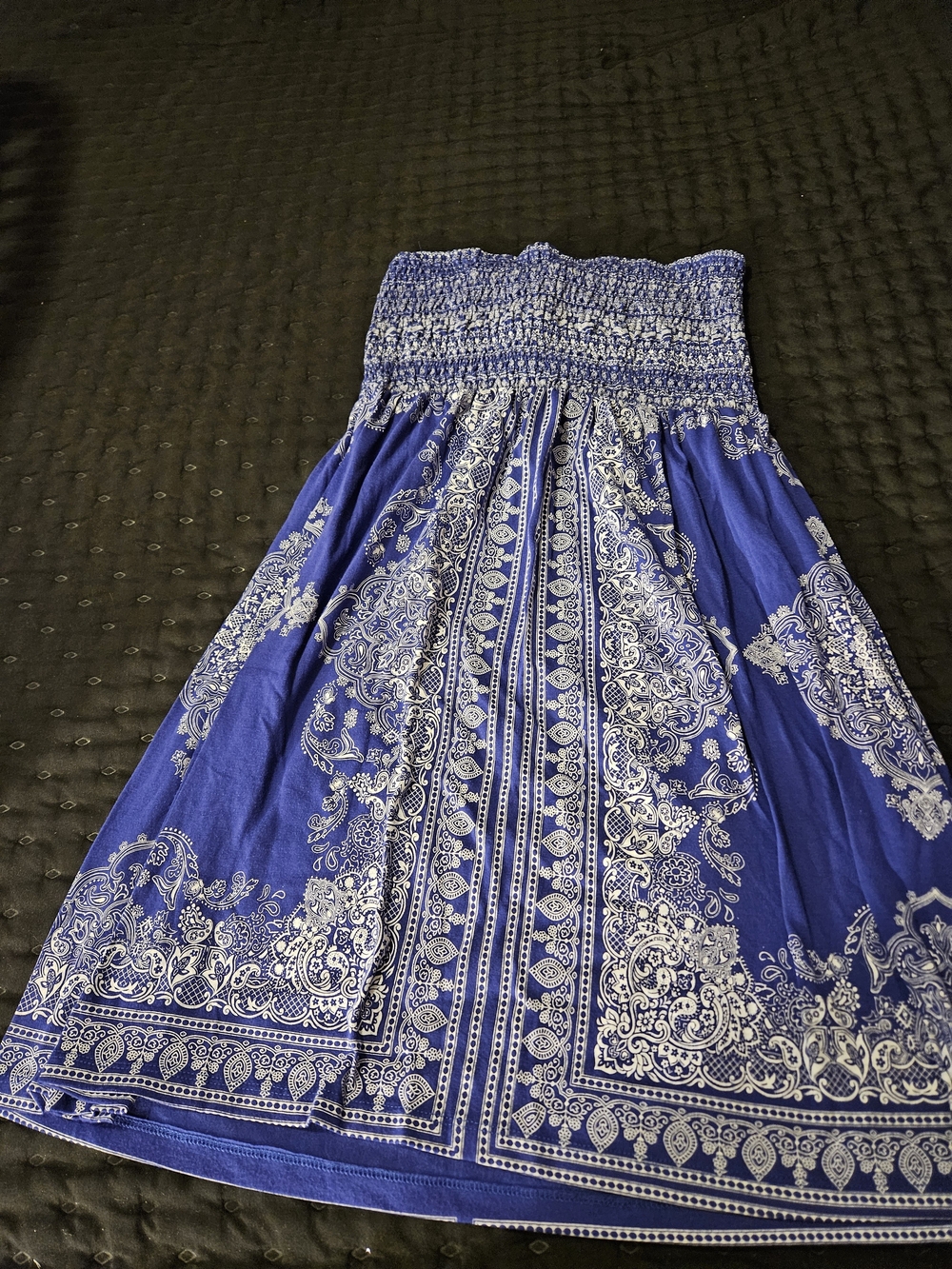 Blue Printed Strapless Smocked Dress
